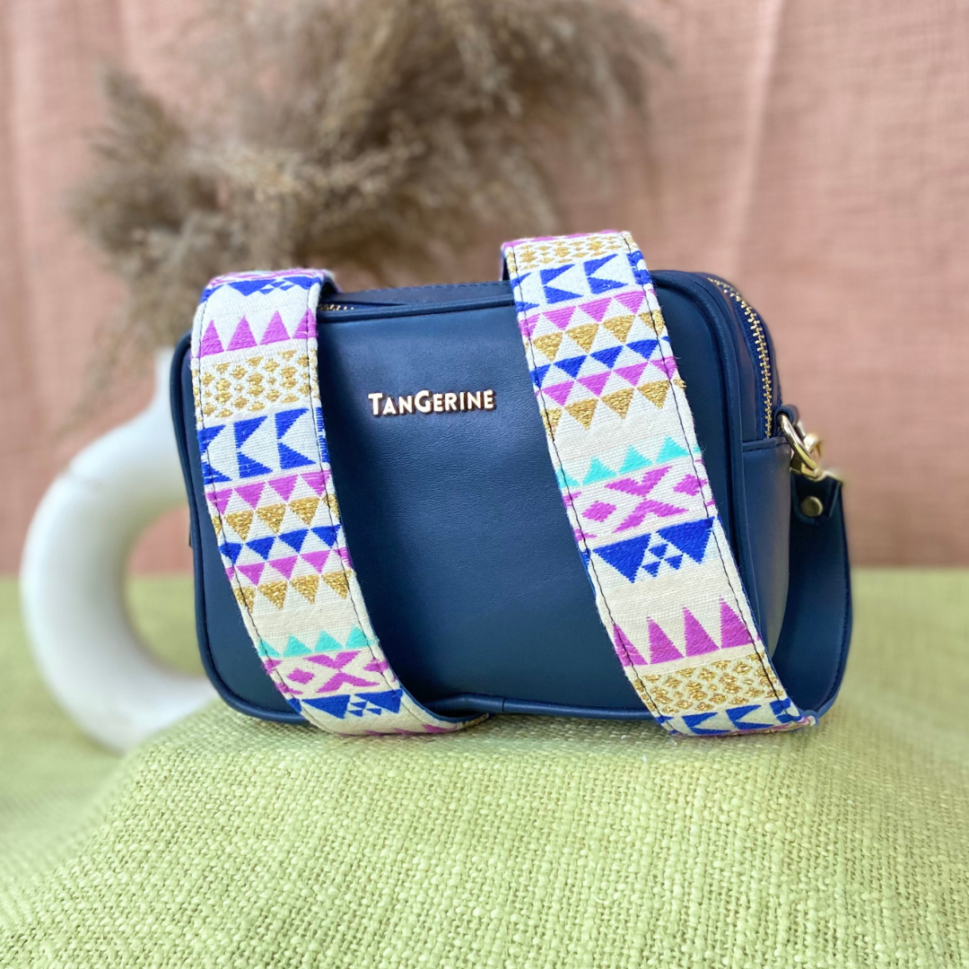 Blue Dual Compartment Bag with Multi-color Triangles Belt.