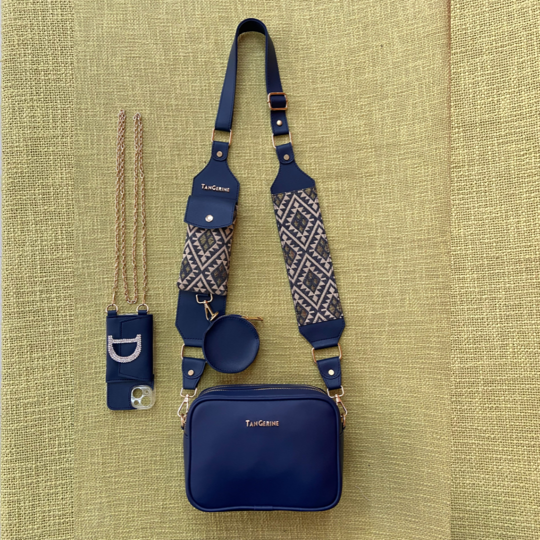 Blue Dual Compartment + Blue Light Black Diamond Cloth on Pocket Pochette Belt with Phone Case