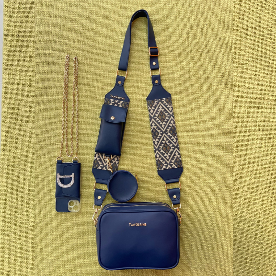 Blue Dual Compartment + Blue Light Black Diamond  Pochette Belt with Phone Case