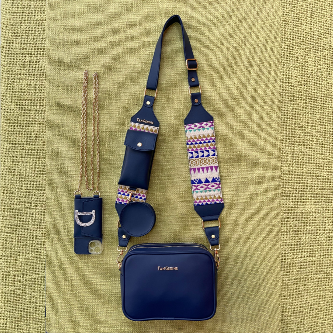 Blue Dual Compartment+ Blue Multi-Color Triangle  Pochette Belt with Phone Case