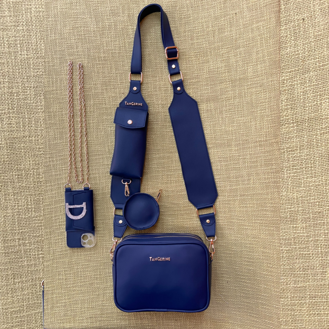 Blue Dual Compartment + Blue Plain Pochette Belt with Phone Case