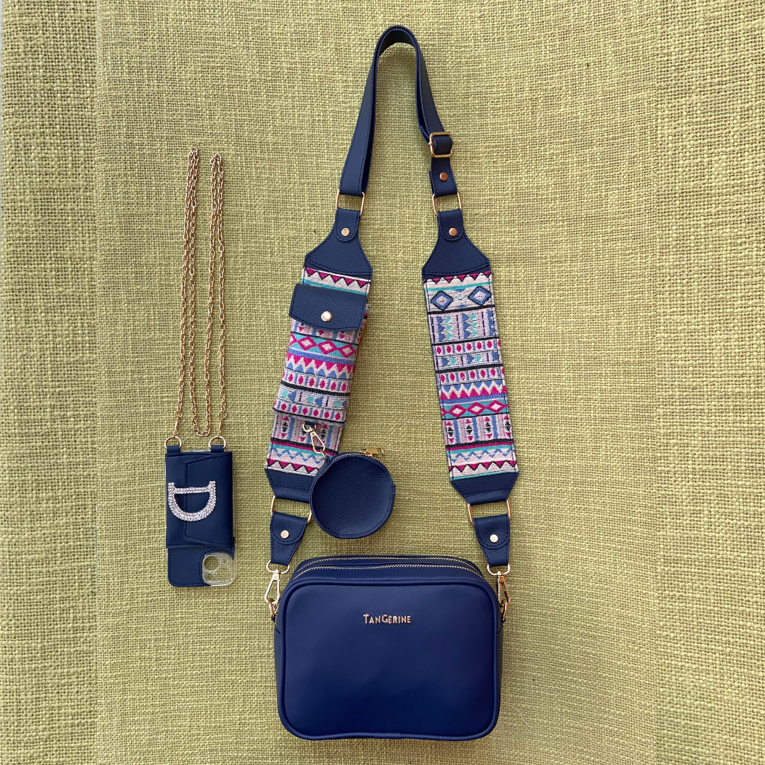 Blue Dual Compartment + Blue Purple Pop Cloth on Pocket Pochette Belt with Phone Case