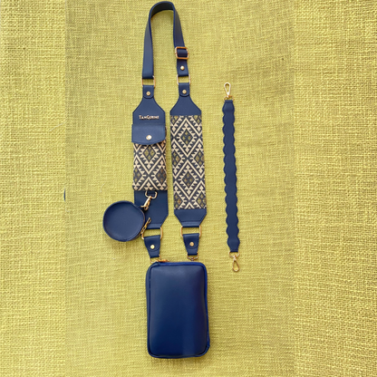 Blue Pouch + Blue with Light Black Diamond Design Cloth on Pocket Pochette Belt