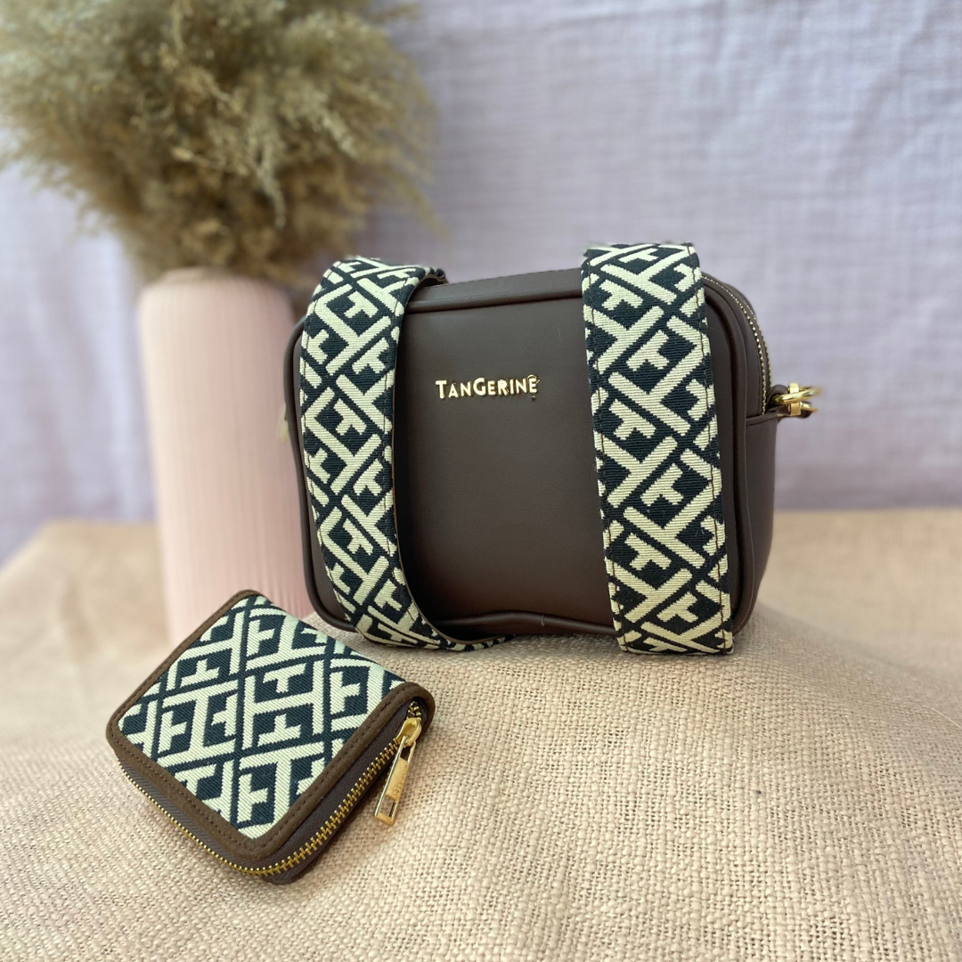 Brown Dual Compartment Sling Bag with Black T-Shape Belt + Mini Wallet Combo