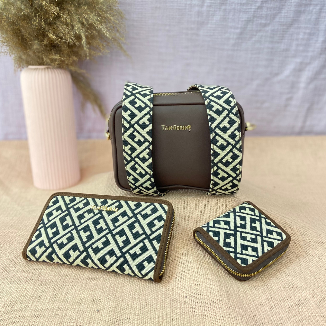 Brown Dual Compartment Sling Bag with Black T-Shape Belt + Mini + Big Wallet Combo