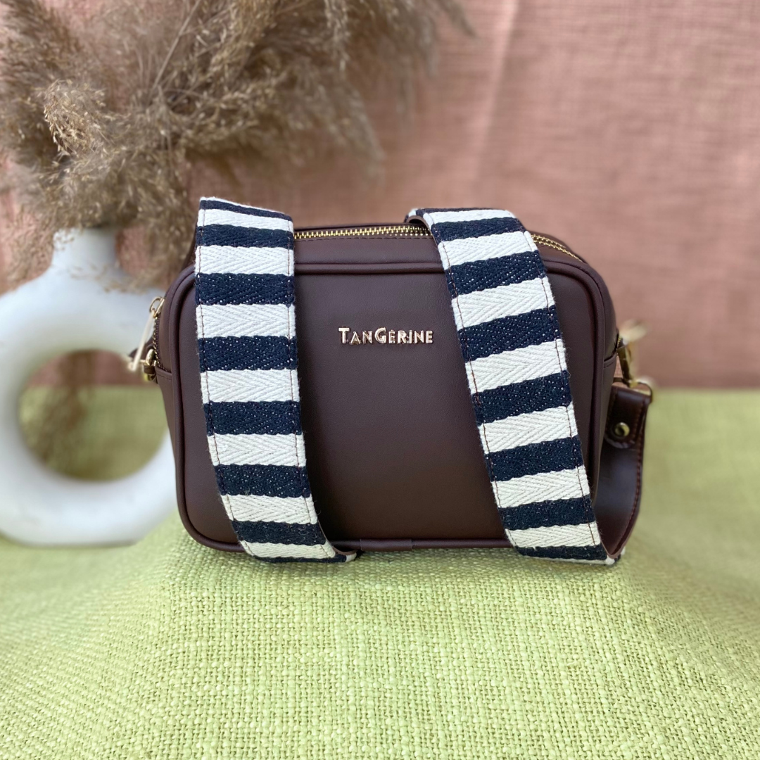 Brown Dual Compartment Sling Bag with Black & White Stripes Belt