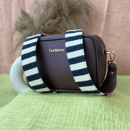 Brown Dual Compartment Sling Bag with Black &amp; White Stripes Belt