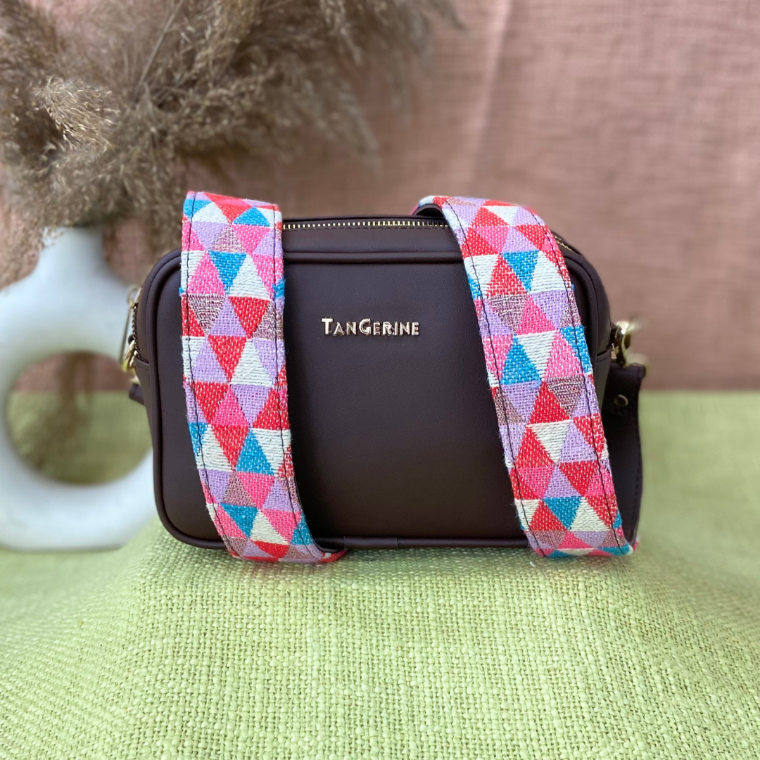 Brown Dual Compartment Sling Bag with Pink Multi-color Triangle Belt