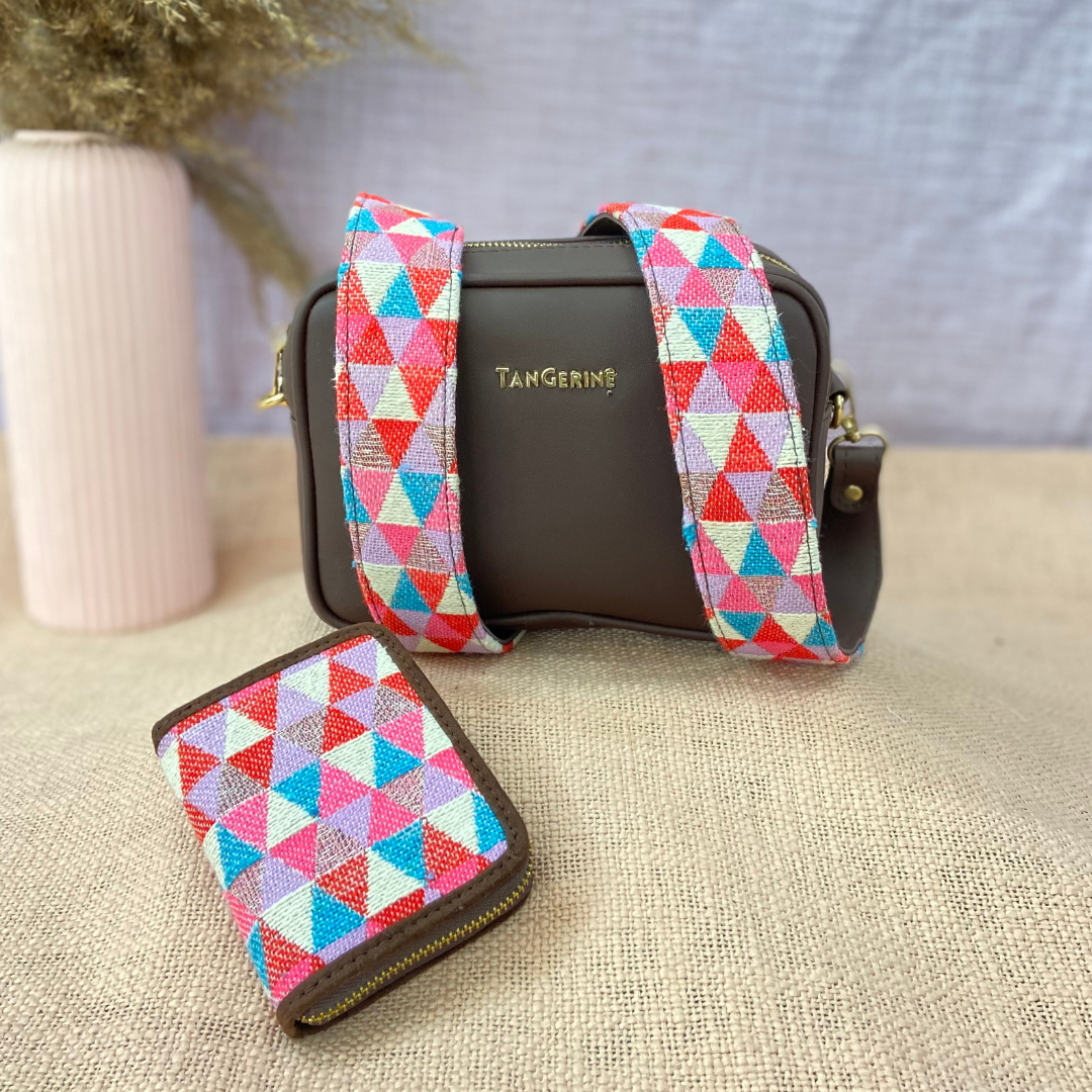 Brown Dual Compartment Sling Bag with Pink Multi-color Triangle Belt + Mini Wallet