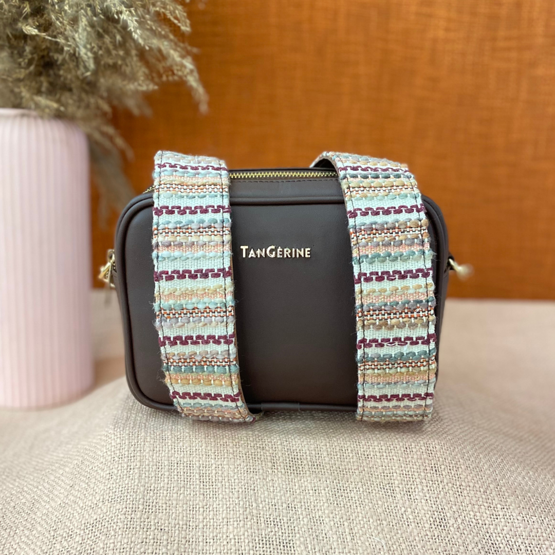 Brown Dual Compartment Sling Bag with Red Tribal Belt