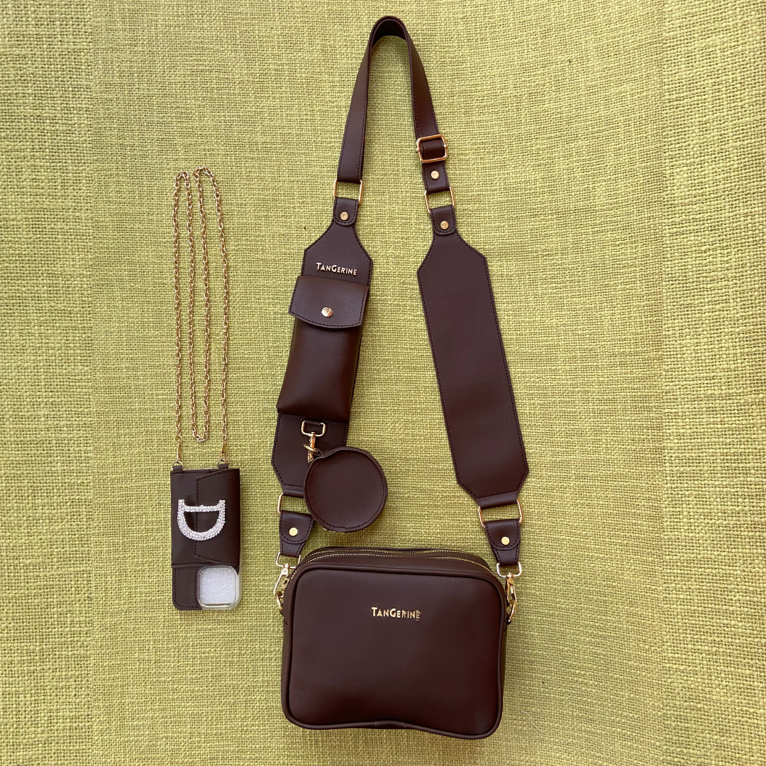 Brown Dual Compartment + Brown Plain Pochette Belt with Phone Case