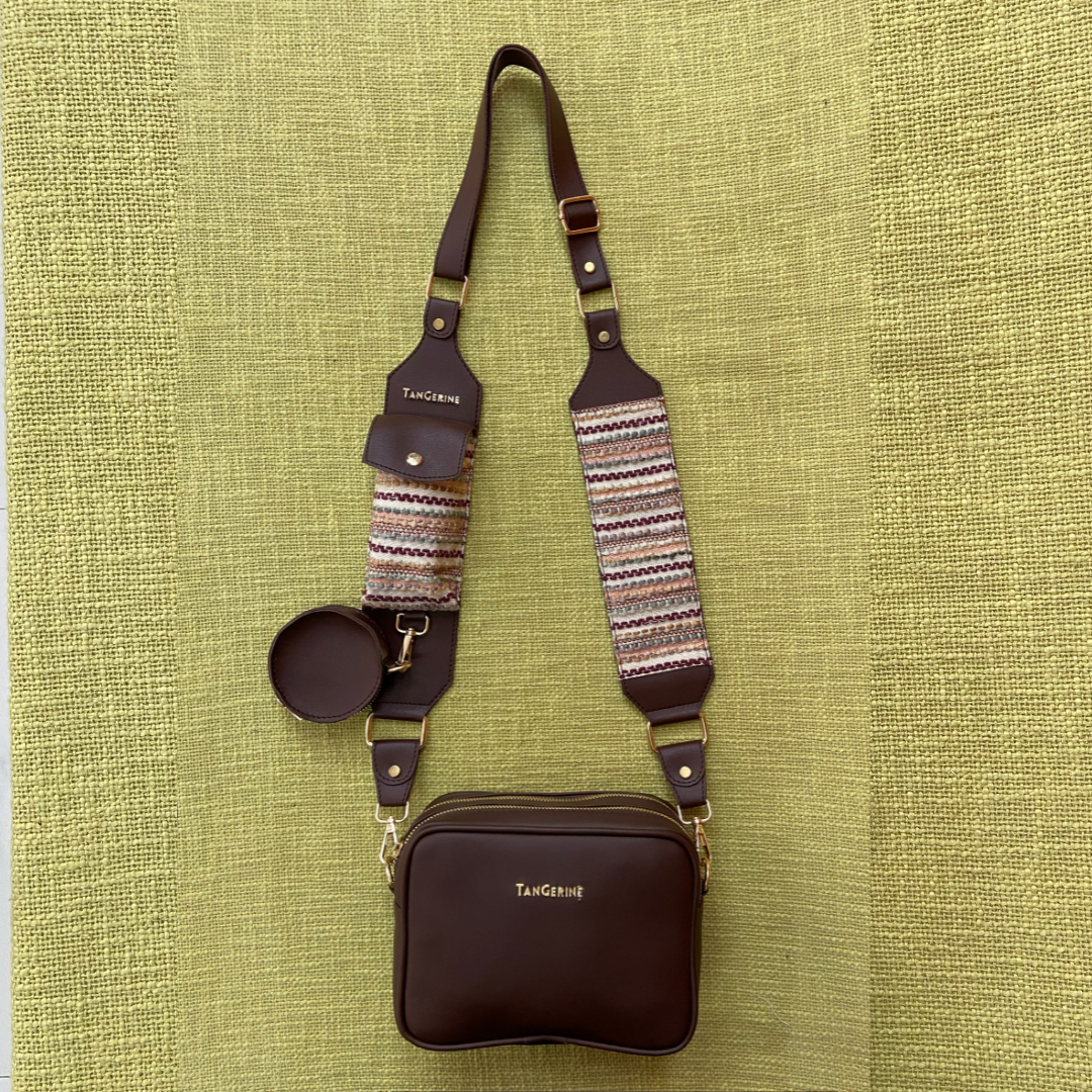 Brown Dual Compartment + Brown Tribal Cloth On Pocket Pochette Belt