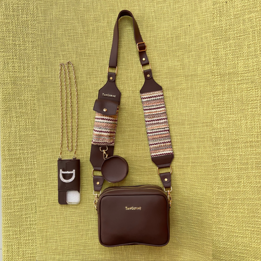 Brown Dual Compartment + Brown Tribal Cloth on Pocket Pochette Belt with Phone Case