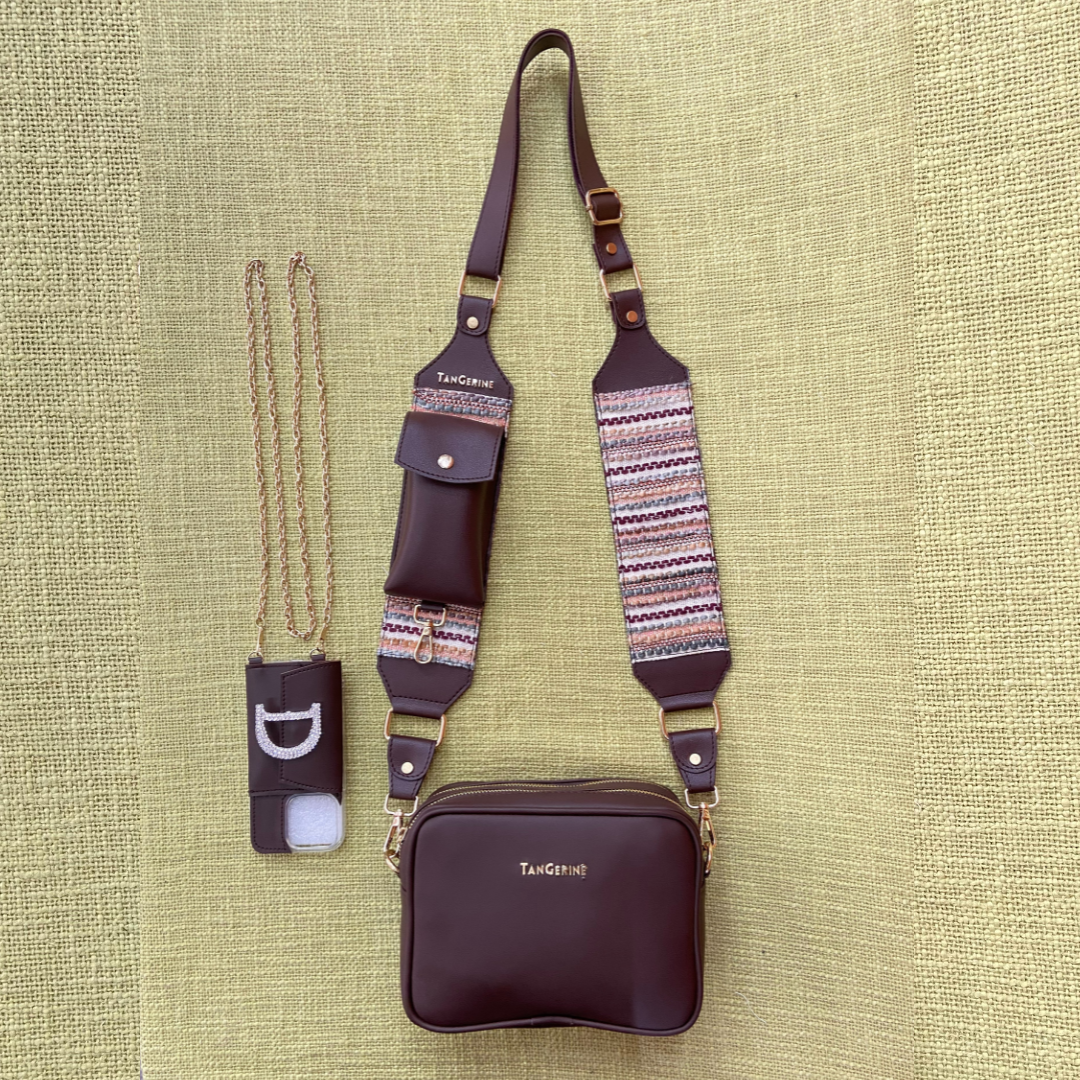 Brown Dual Compartment + Brown Tribal  Pochette Belt with Phone Case
