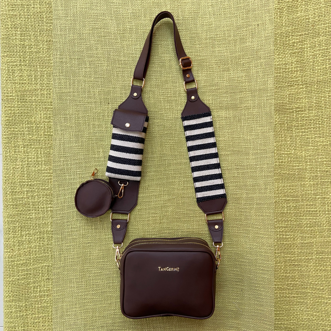 Brown Dual Compartment + Brown with Black &amp; White Stripes Cloth On Pocket Pochette Belt