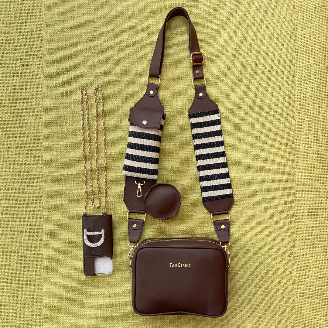Brown Dual Compartment + Brown with Black & White Stripes Cloth On Pocket Pochette Belt with Phone Case