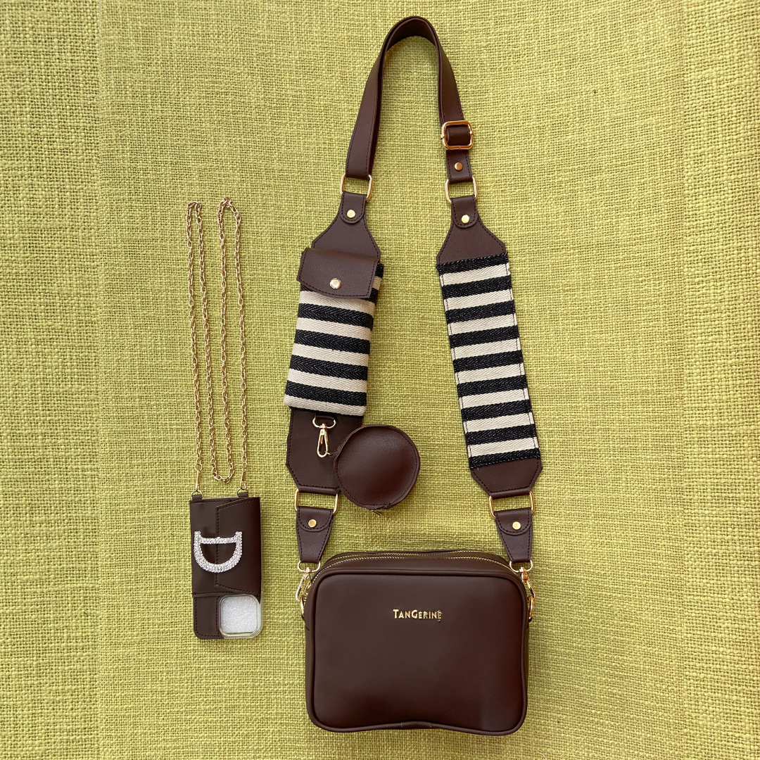 Brown Dual Compartment + Brown with Black &amp; White Stripes Cloth On Pocket Pochette Belt with Phone Case