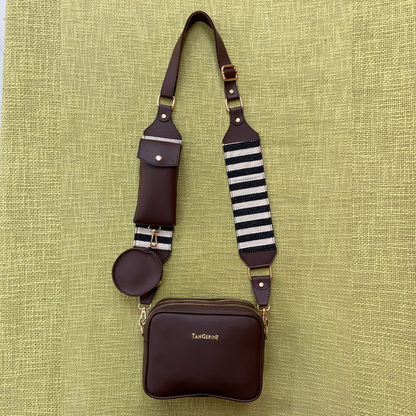 Brown Dual Compartment + Brown with Black &amp; White Stripes Pochette Belt
