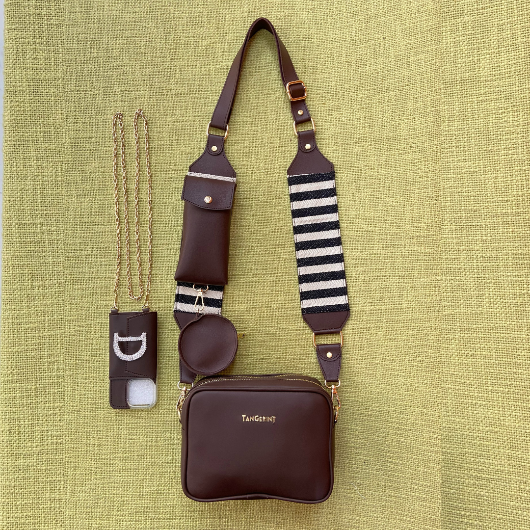 Brown Dual Compartment + Brown with Black & White Stripes Pochette Belt with Phone Case
