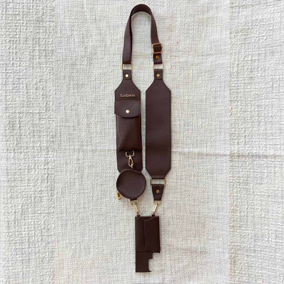 Brown Plain Pochette Belt with Phone Case
