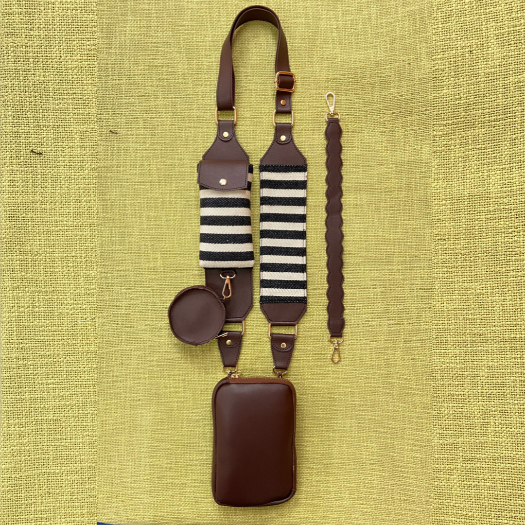 Brown Pouch + Brown with Black &amp; White Stripes Cloth on Pocket Pochette Belt
