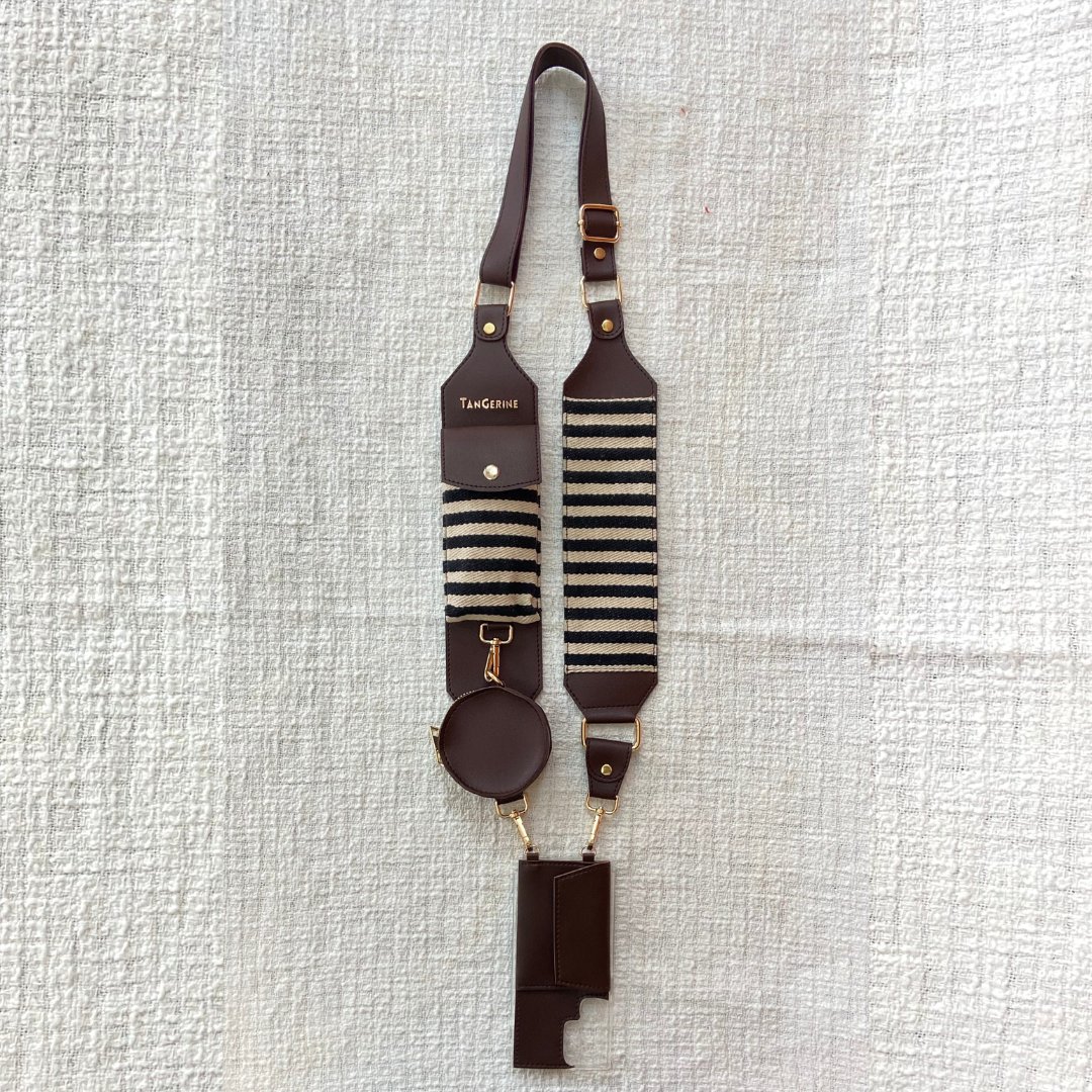 Brown with Black &amp; White Stripes Cloth on Pocket Pochette Belt with Phone Case