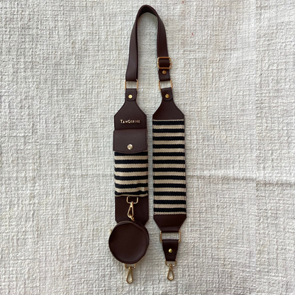 Brown with Black &amp; White Stripes Cloth on Pocket Pochette Belt with Phone Case