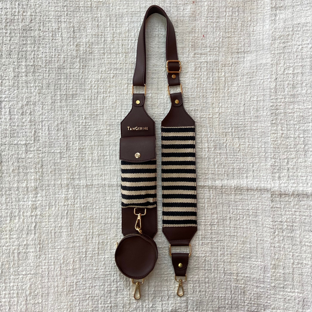 Brown Dual Compartment + Brown with Black &amp; White Stripes Cloth On Pocket Pochette Belt with Phone Case