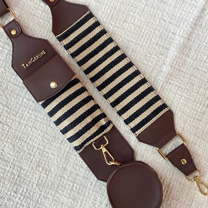 Brown with Black &amp; White Stripes Cloth on Pocket Pochette Belt with Phone Case
