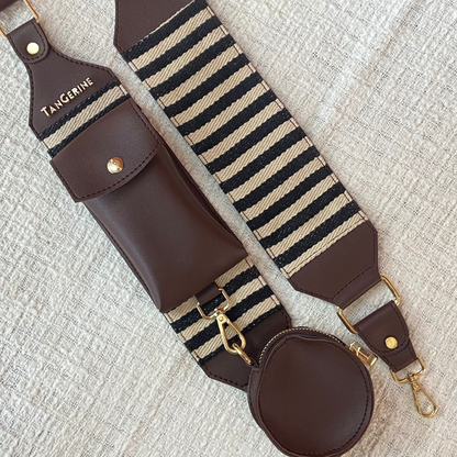 Brown Dual Compartment + Brown with Black &amp; White Stripes Pochette Belt with Phone Case