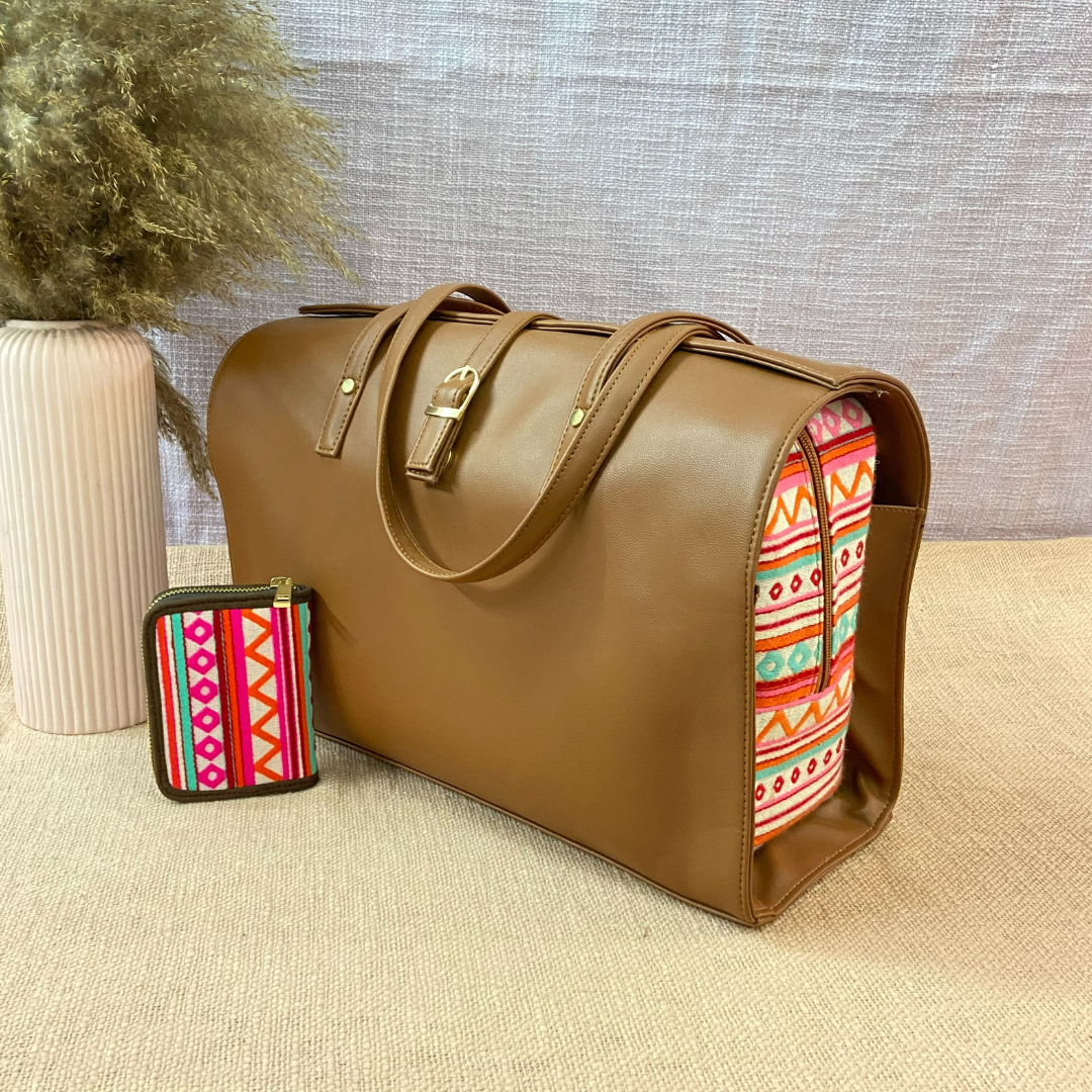 Brown with Boho Design Leera 16inch Bag + Mini Wallet Combo