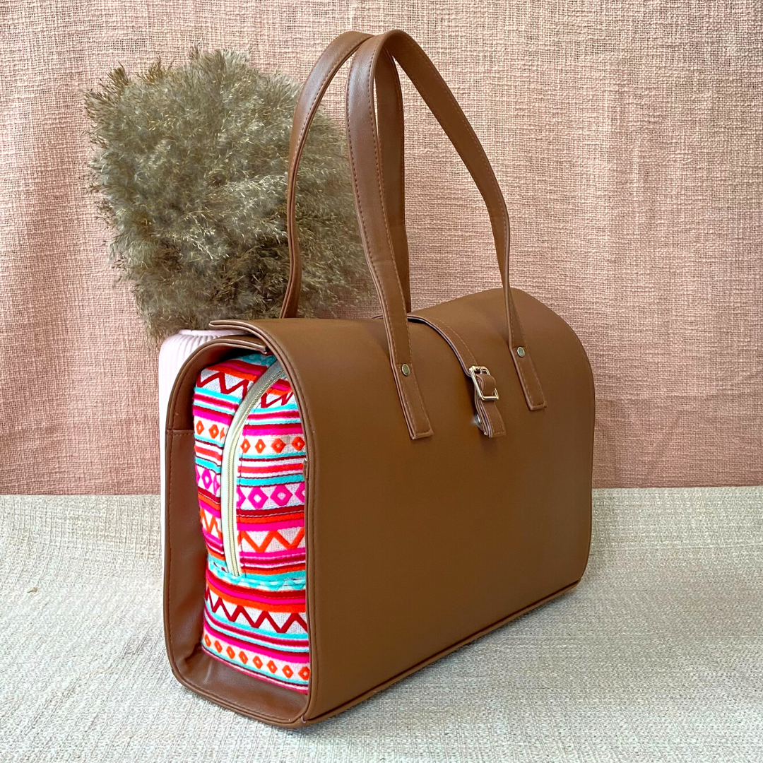 Brown with Boho Design Leera 16inch Bag + Mini Wallet Combo