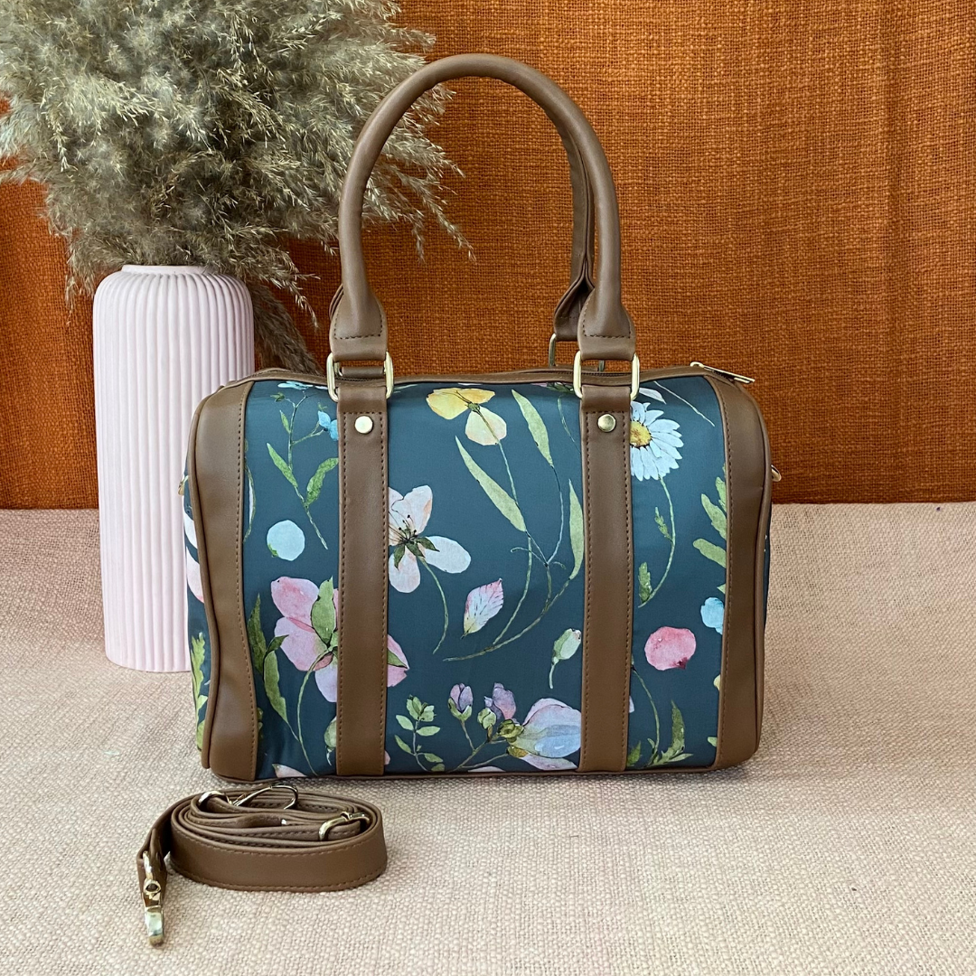 Brown with Bottle Green Floral Small Duffle Bag