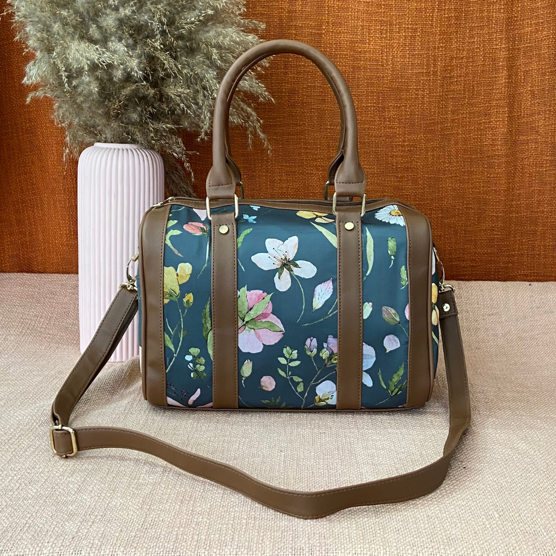 Brown with Bottle Green Floral Small Duffle Bag