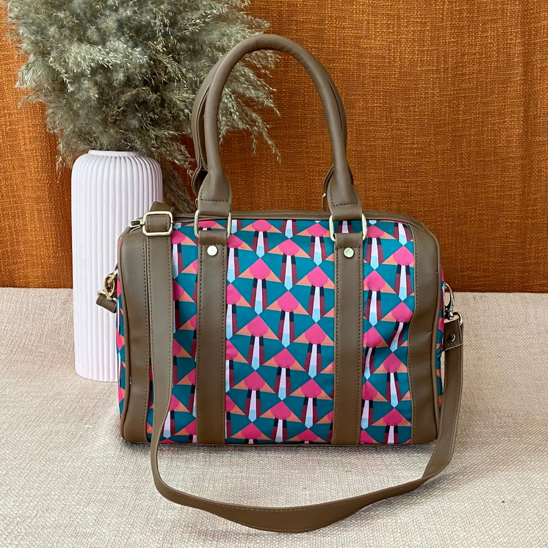 Brown with Green &amp; Pink Print Small Duffle Bag