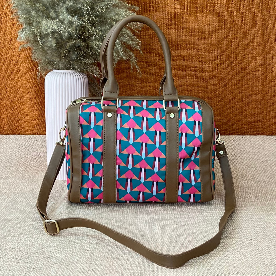 Brown with Green &amp; Pink Print Small Duffle Bag