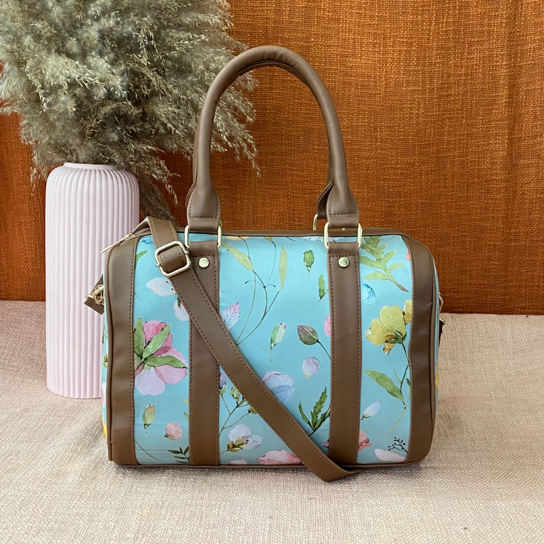 Brown with Mint Green Floral Small Duffle Bag