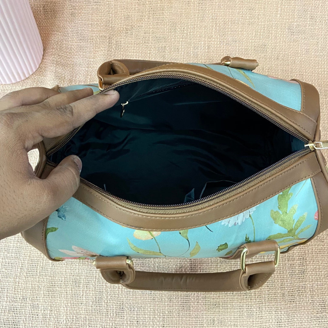 Brown with Mint Green Floral Small Duffle Bag