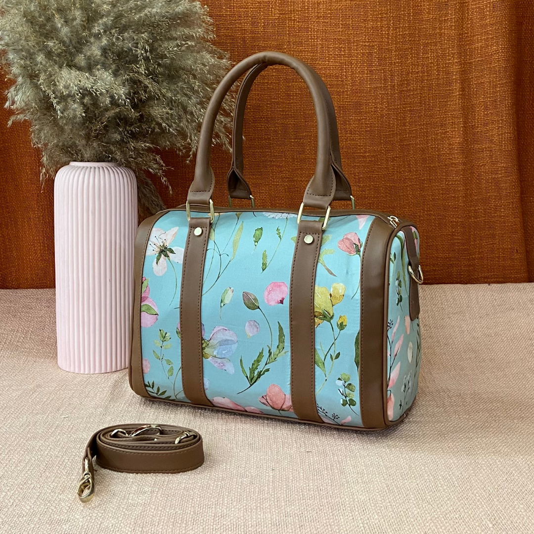 Brown with Mint Green Floral Small Duffle Bag