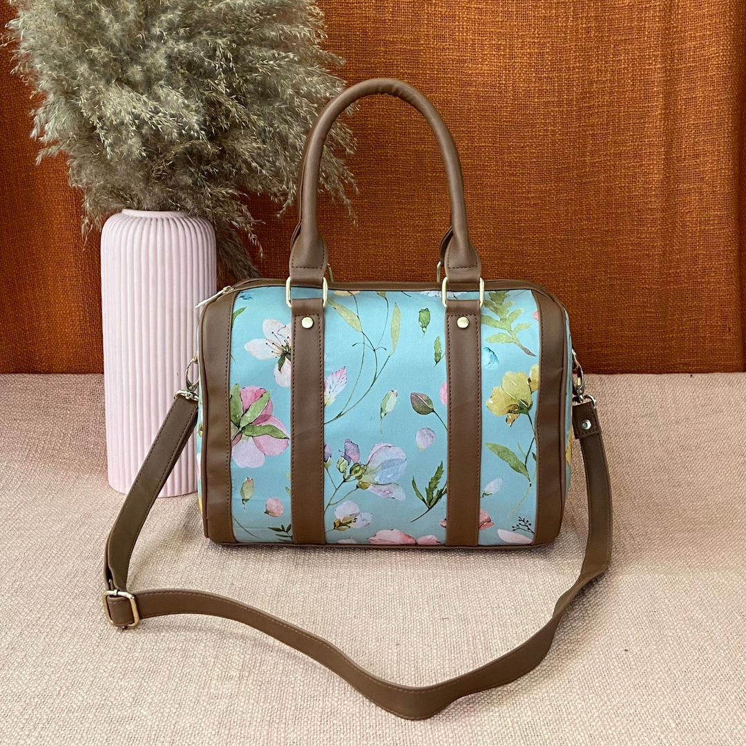 Brown with Mint Green Floral Small Duffle Bag