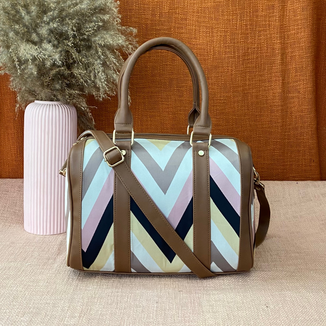 Brown with Multi-color Zig Zag Print Small Duffle Bag