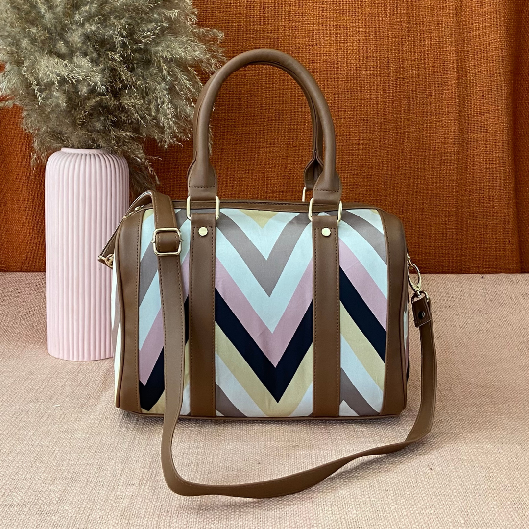Brown with Multi-color Zig Zag Print Small Duffle Bag