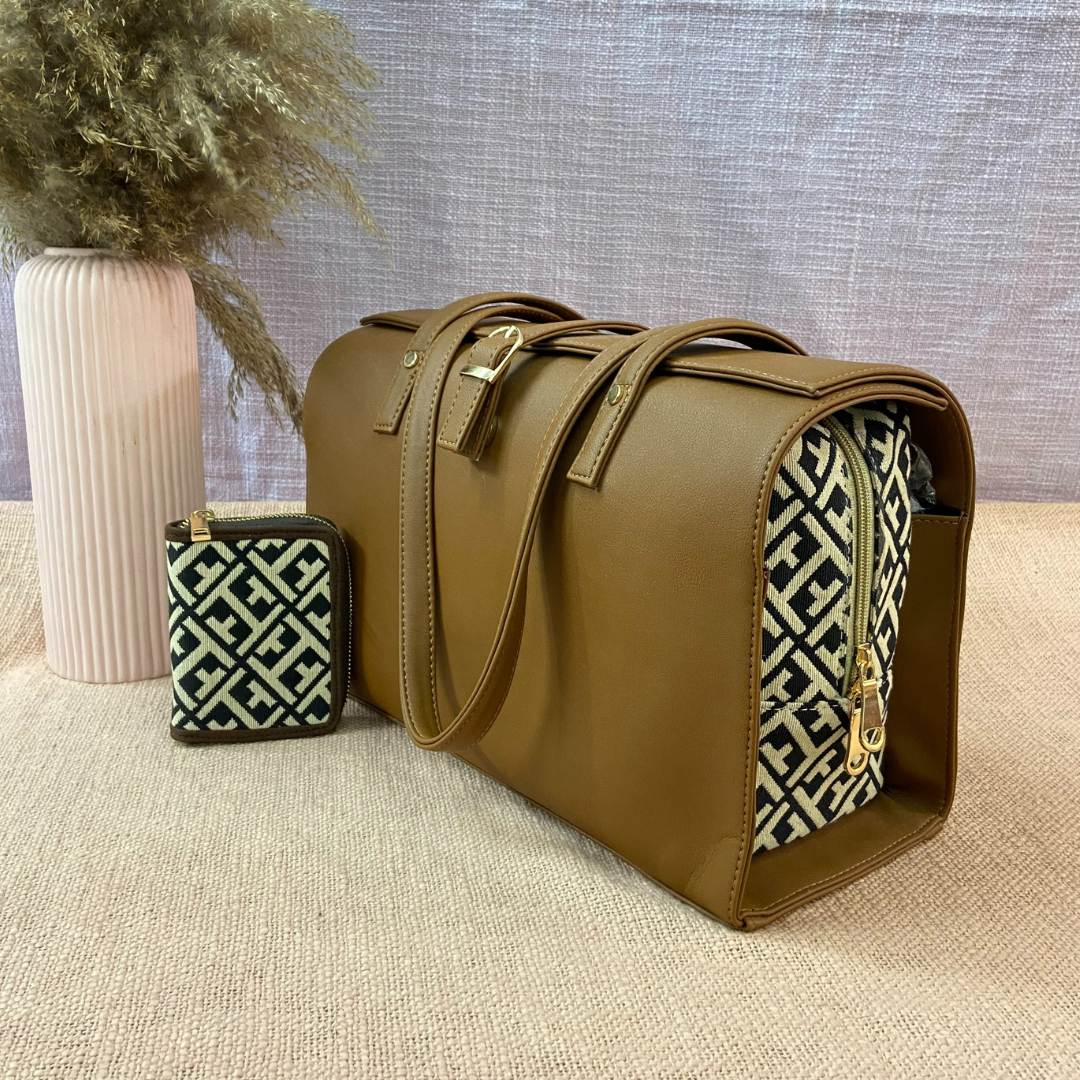 Brown with T-Shape Leera 14inch Bag + Mini + Big Wallet Combo