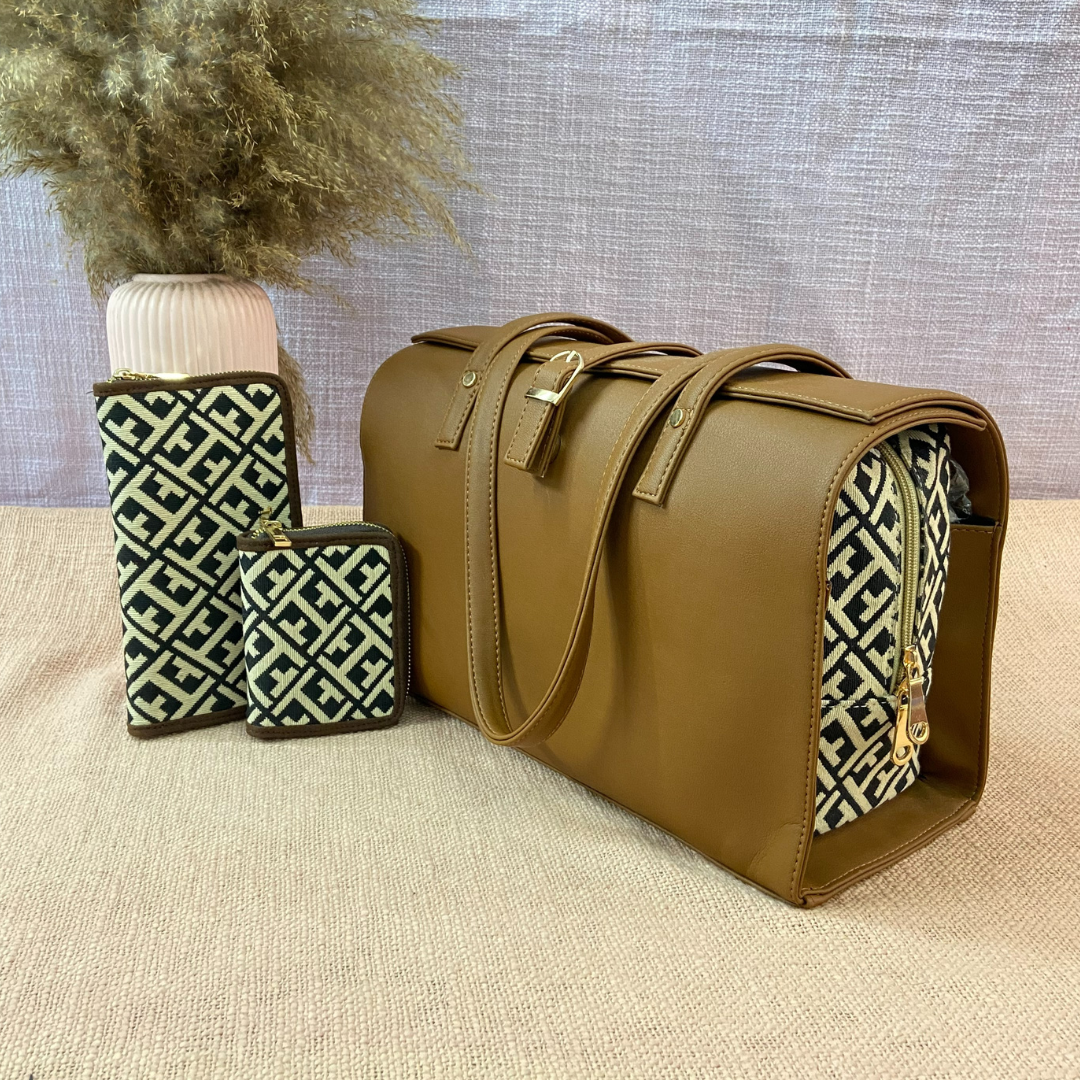 Brown with T-Shape Leera 14inch Bag + Mini + Big Wallet Combo