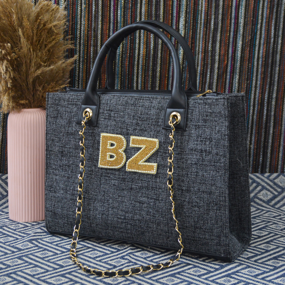 Charcoal Grey Chain Tote Handwork (2 Initials)