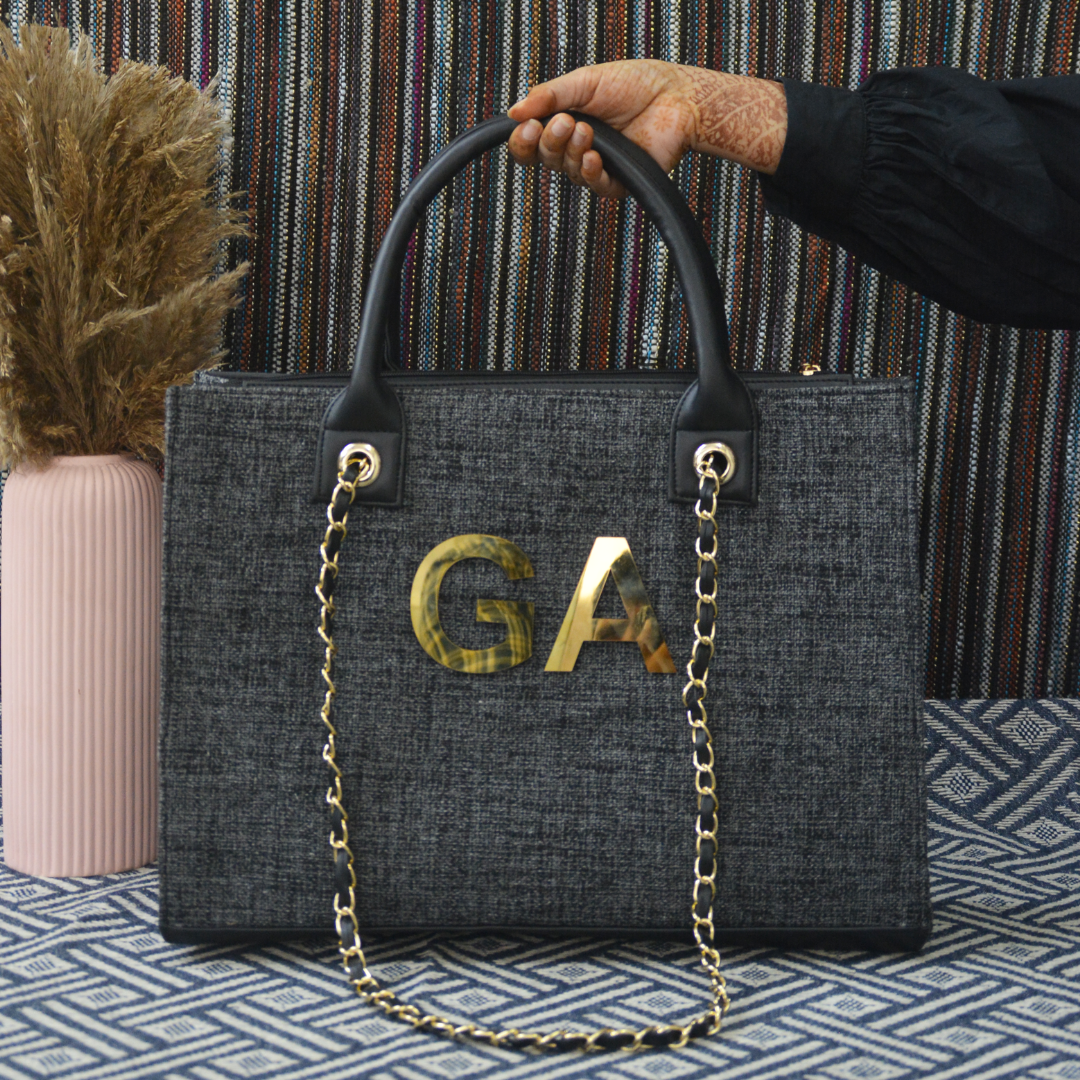 Charcoal Grey Chain Tote Metal (2 Initials)