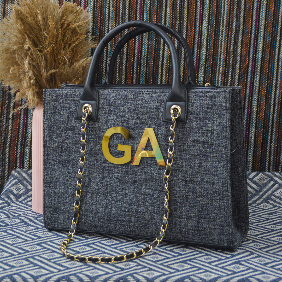 Charcoal Grey Chain Tote Metal (2 Initials)