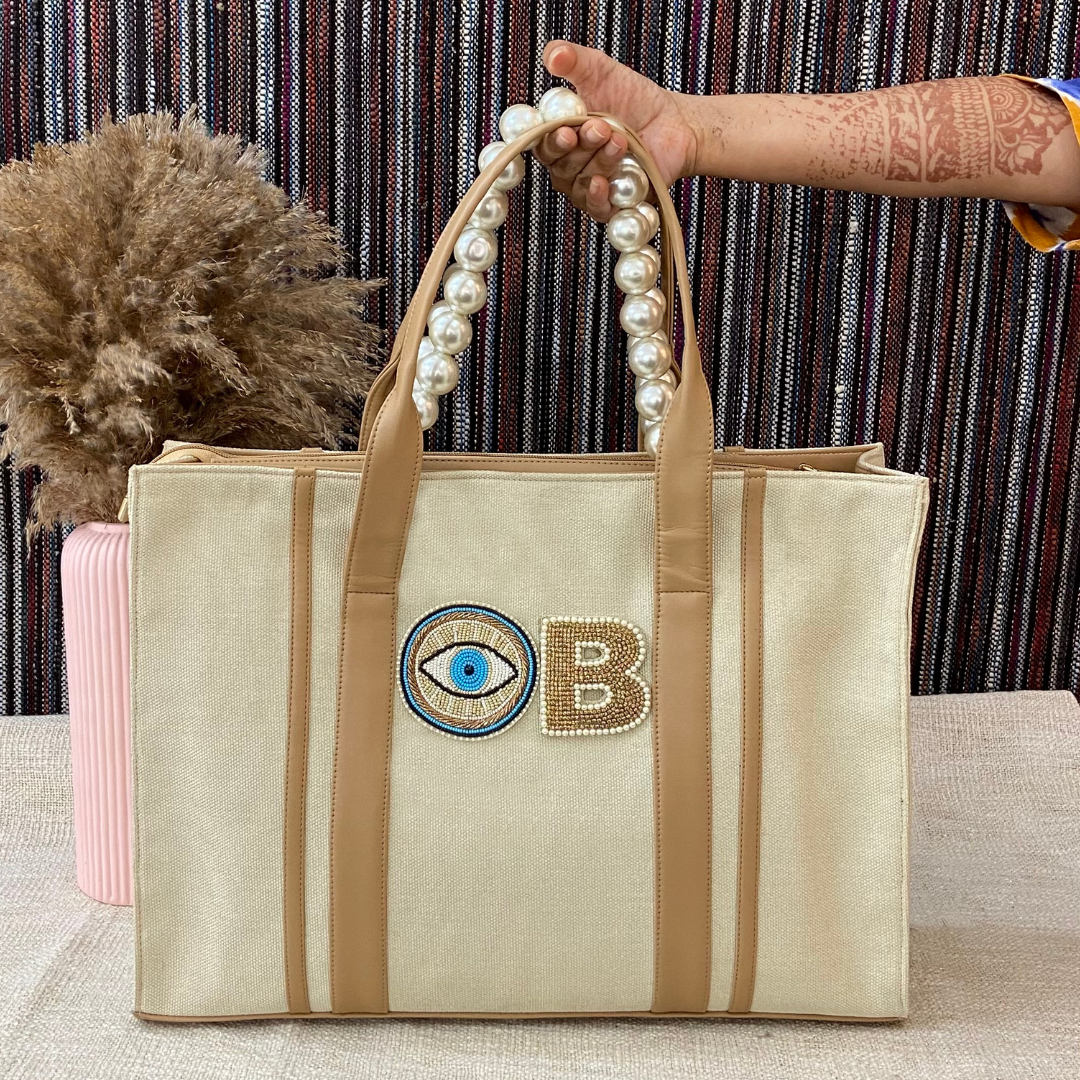 Cream Monogram Book Tote Evil Eye with Handwork Initials