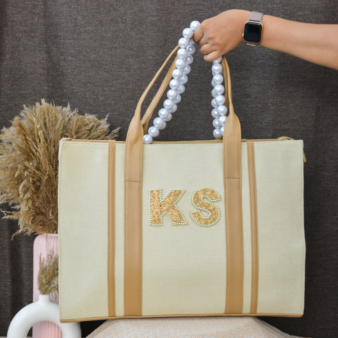 Cream Monogram book Tote Handwork initials.