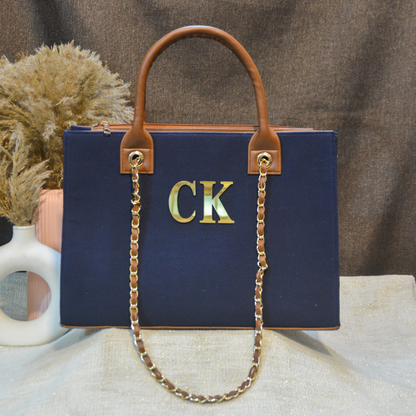 Dark Blue Canvas Chain Tote Metal (2 Initials)